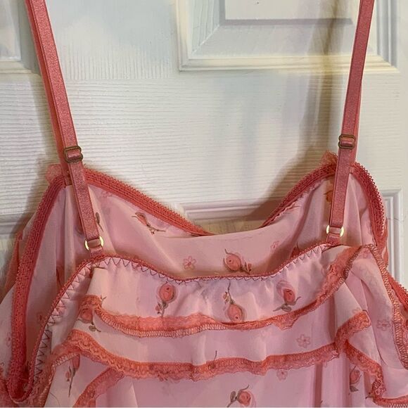 90s Cinema Etoile Pink Rose Print Ruffled Trim Babydoll Size XL - Picture 5 of 9